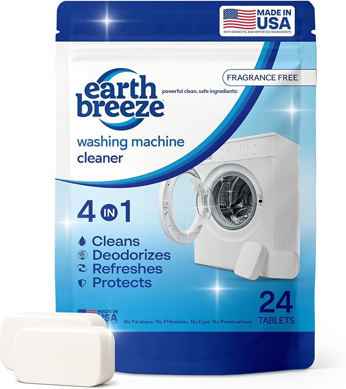 Earth Breeze Washing Machine Cleaner Tablets – Deep Cleans, Deodorizes & Removes Odors, Residue & Buildup – For Front Load, Top Load & HE Washers – Fragrance-Free - No Harsh Chemicals - Made in USA