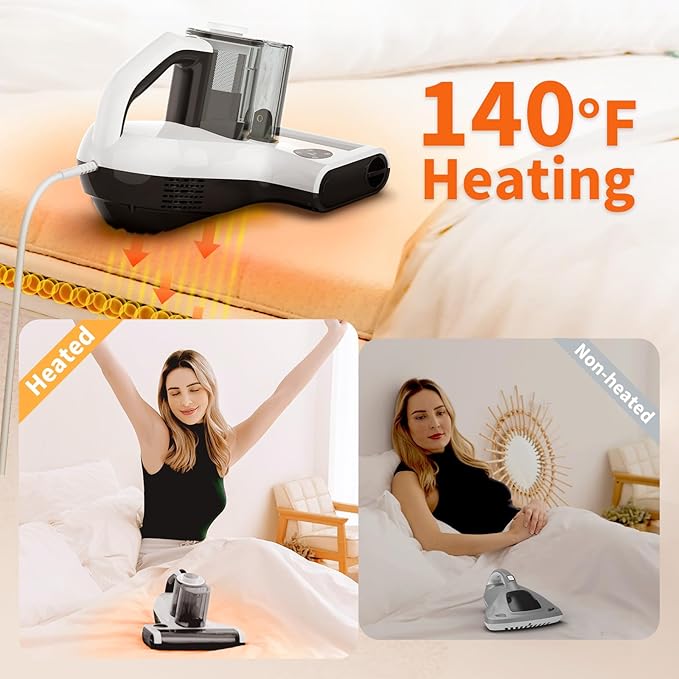 Dibea Handheld Mattress Vacuum, Upholstery Bed Vacuum Cleaner Machine, 18KPa Suction, 140℉ Heating, Smart Dust Sensor, Washable HEPA Filter, Deep Clean Dust, Debris on Couch, Fabric, Furniture