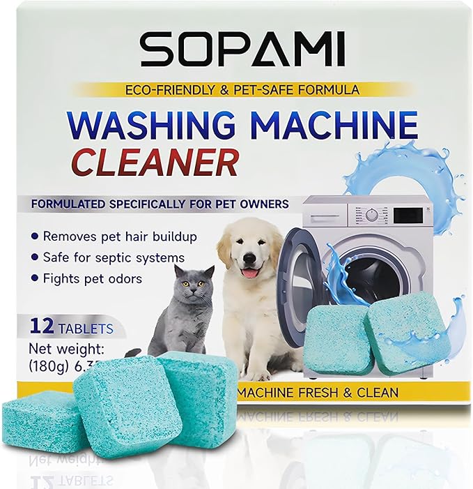 SOPAMI Washing Machine Cleaner Tablets 12 Pack, Deep Clean HE Front Load Top Load Washer, Remove Stubborn Pet Hair Odors, Septic Safe Pet Owner Solution