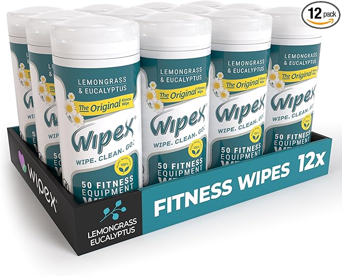 Wipex Original Fitness Equipment Wipes - Plant Based Gym Wipes for Equipment, Yoga Mat Cleaner, Peloton Cleaner, Exercise Machines, Natural w/Lemongrass, Eucalyptus & Vinegar, 50 Count (Pack of 12)