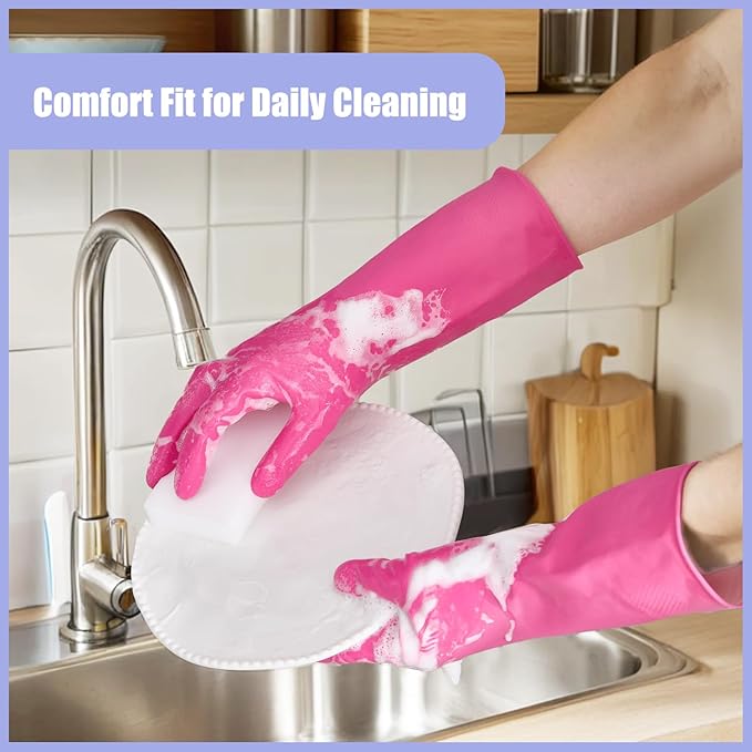 Rubber Kitchen Dishwashing Gloves - 4 Pairs Colorful Reusable Cleaning Gloves for Kitchen Washing Dishes and Household Cleaning (Medium, Blue+Pink+Yellow+Red)