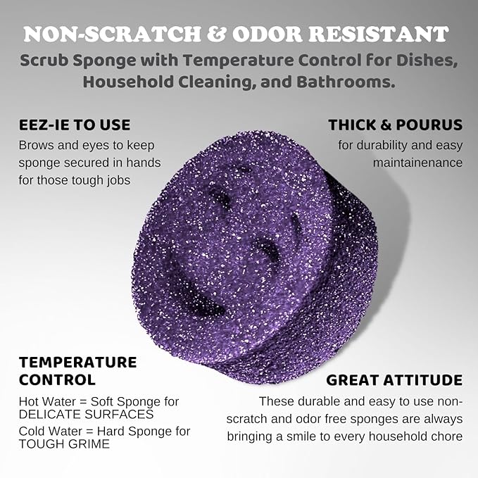 The Original Smiling Handle for Scrub Daddy (Reg. TM) Sponge and Scrub Moji Sponge - (Black Handle) & 3 Purple Scrub Moji's