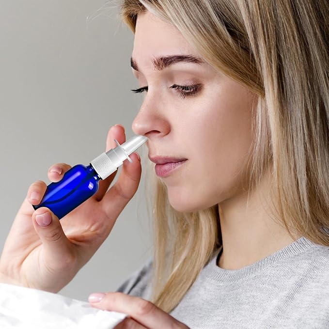 80 Pcs Nasal Spray Bottle Empty, Blue Glass Refillable Fine Mist Nasal Spray Bottles with 16 Funnels and 16 Labels (30ML/1oz)