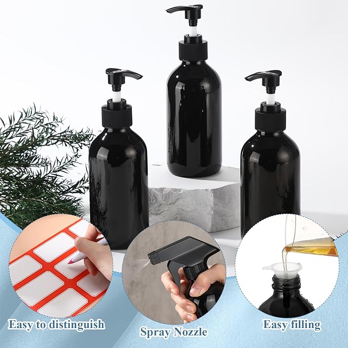 Norme 12 Pcs 8 oz Glass Spray Bottles with Funnels and Labels Refillable Cosmetic Empty Spray Bottles with Sprayer Containers for Essential Oil Cleaning Solutions(Black,Classic)