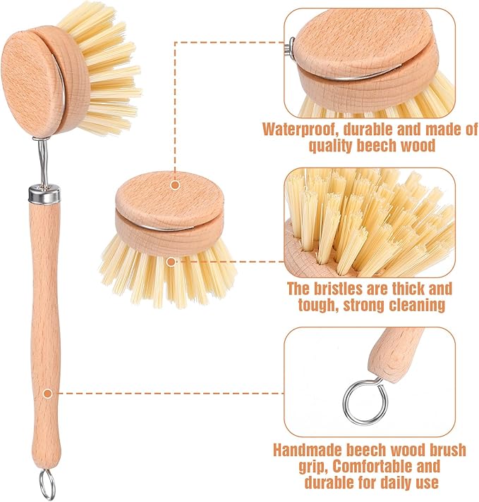 10 Pack Fiber Bristle 2-Inch All-Purpose Kitchen Dish Scrub Brush with Beechwood Handle - Dish Brush with Hooked Handle for Pots, Pans, and Kitchen Utensils - Made in Germany