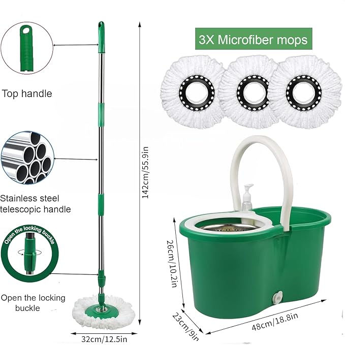 Spin Mop and Bucket with Wringer Set, 360° Spinning Mop Bucket System with 3 Microfiber Mop Replacement Heads Refills,56" Stainless Steel Extended Handle for Floor Cleaning Home Office (20QT) (Green)