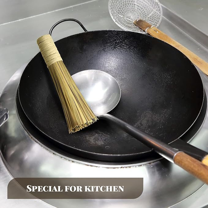 2 Pcs 12 Inches Bamboo Wok Brush Bamboo Kitchen Cleaning Brush Pot Scraper Scrubber Dish Pan for Cooking Skillet Grill Utensils Scrubbing