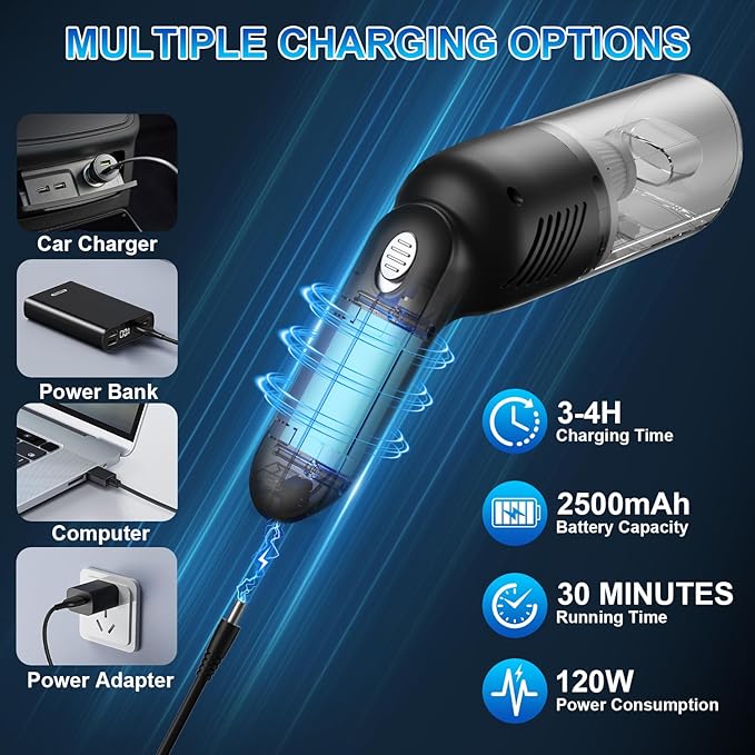 Carry360 38000PA Handheld Vacuum Cordless | 120W Deep Cleaning for Car Pet Hair | Portable Cleaner with 2000mAh Battery, LED Light & Multi-Nozzles | Home Office Multi-Surface