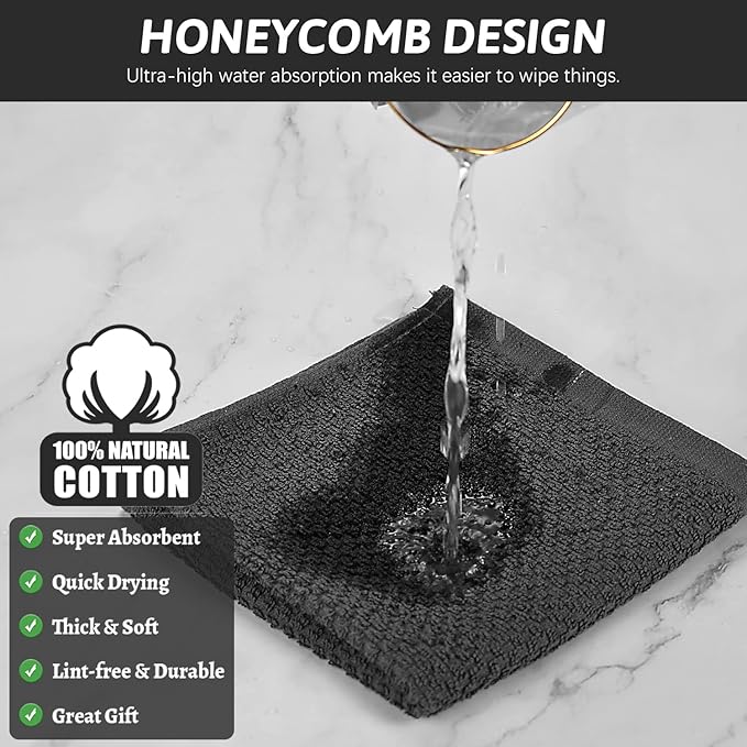 Nialnant 4PCS Cleaning Rags,100% Cotton Terry Dish Rags for Washing Dishes,Quick Drying Dish Cloths,Dish Towels for Kitchen,Black-12x12in