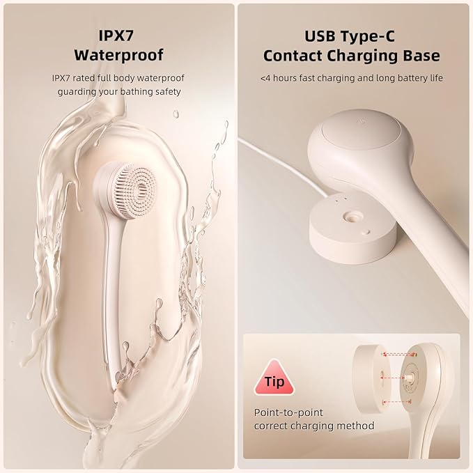 Oh,XIYU. Electric Body Brush Back Scrubber for Shower, Waterproof Long Dual Handle Power Body Scrubber with 3 Heads, Rechargeable Bath Brush & 2 Speeds, for Cleansing, Exfoliating and Massaging Skin