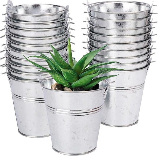 20 Pack 4" Mini Metal Bucket, Elegant Galvanized Buckets with Handles, Tin Buckets, Small Iron Bucket, Mini Metal Pail for Party Favors, Crafts, Garden & Beach