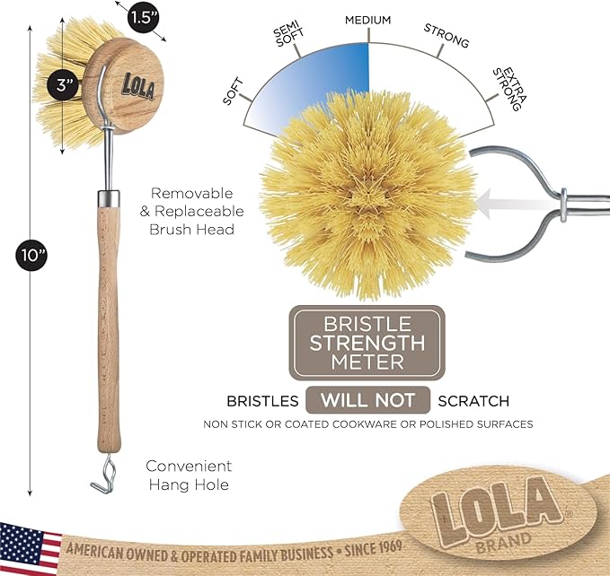 LOLA - The Original - Tampico Vegetable & Dish Wood Brush, 3" Head, Sustainable, Tampico Bristles, Easy Head Only Replacement, 1 Pack