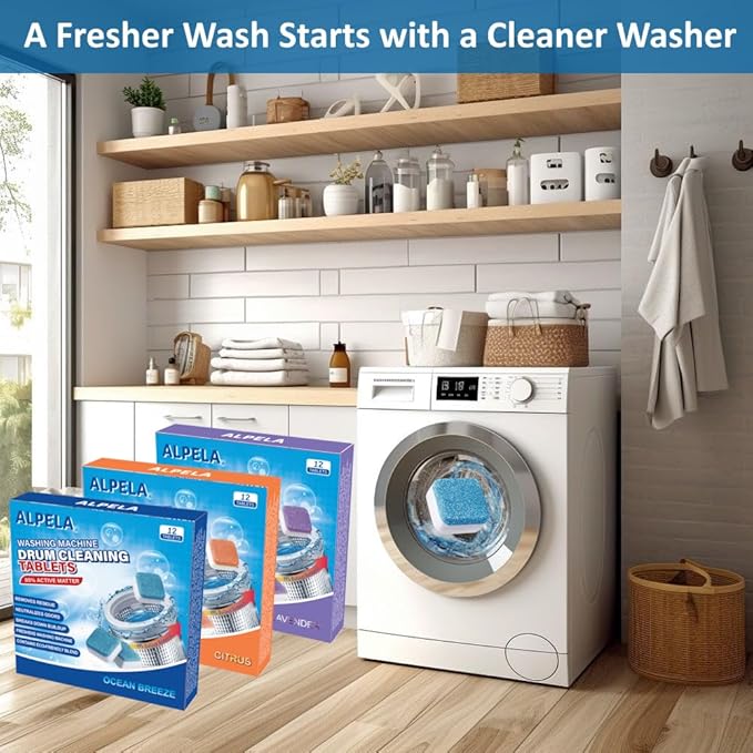 ALPELA Washing Machine Cleaner Descaler | Deep Cleaning Tablets For HE Front & Top Load Washer, Septic Safe Eco-Friendly Deodorizer, Clean Inside Drum and Laundry Tub Seal (Citrus Scent - 12 Count)