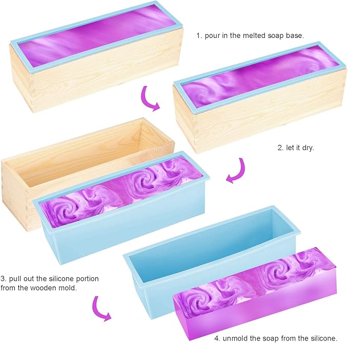ZOENHOU Pack of 2 42oz Blue Soap Molds with 2 Lids, Flexible Rectangular Silicone Soap Making Molds Kit with Wood Box DIY Tool Set for Soap Making Supplies