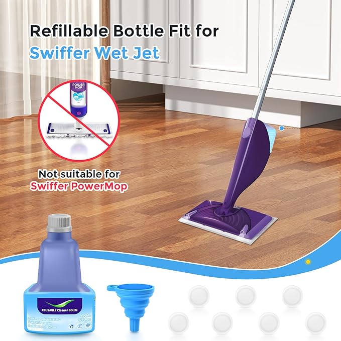 Ndoge Replacement Bottle for Swiffer Wet Jet Mop, Refillable, 500 ML Leak-Proof HDPE Refillable Bottle, 17 FL OZ Solution Bottles with 7 Sealing Pads and 1 Folding Funnel
