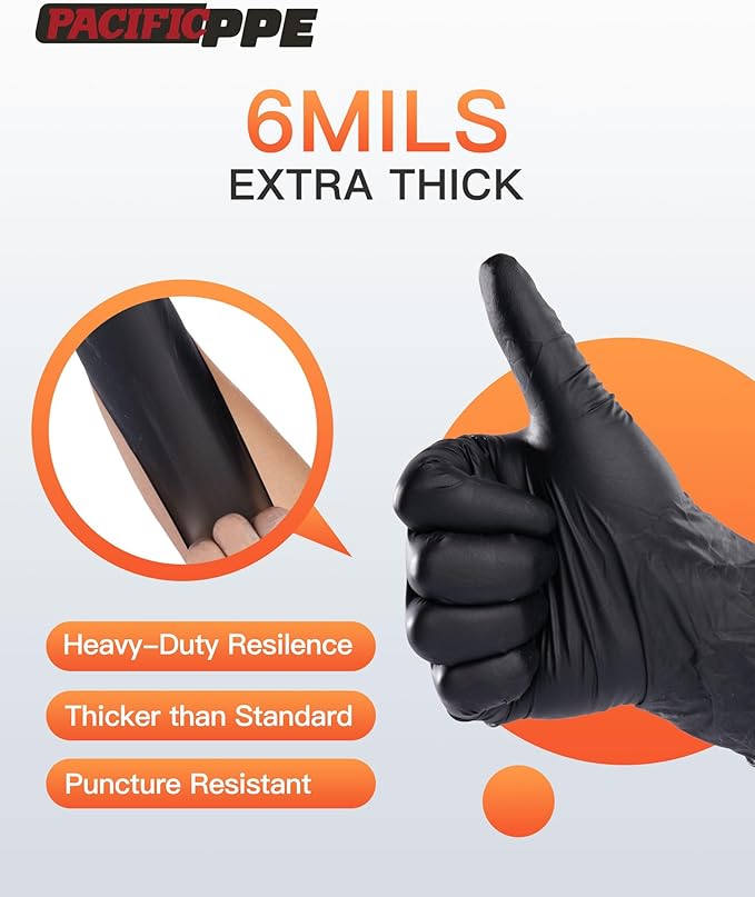 PACIFIC PPE 6-mil Black Nitrile Disposable Gloves, Food-Safe, Powder-Free, Cleaning, Textured Fingertips, Latex-Free, Small