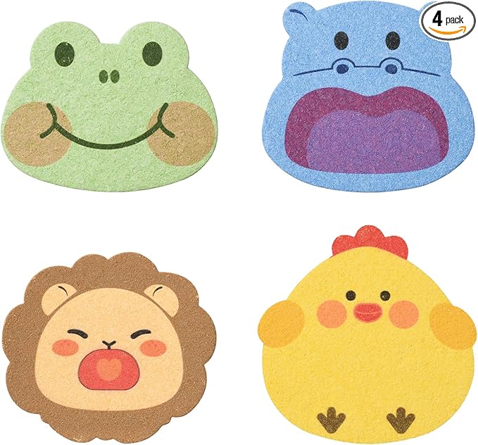 4 PCS Lovely Animal Bath Sponge for Kids,Cute Colorful Cartoon Shape Compressed Cellulose Shower Sponges for Baby,Soft and Funny(Hippo+Frog+Lion+Chicken)