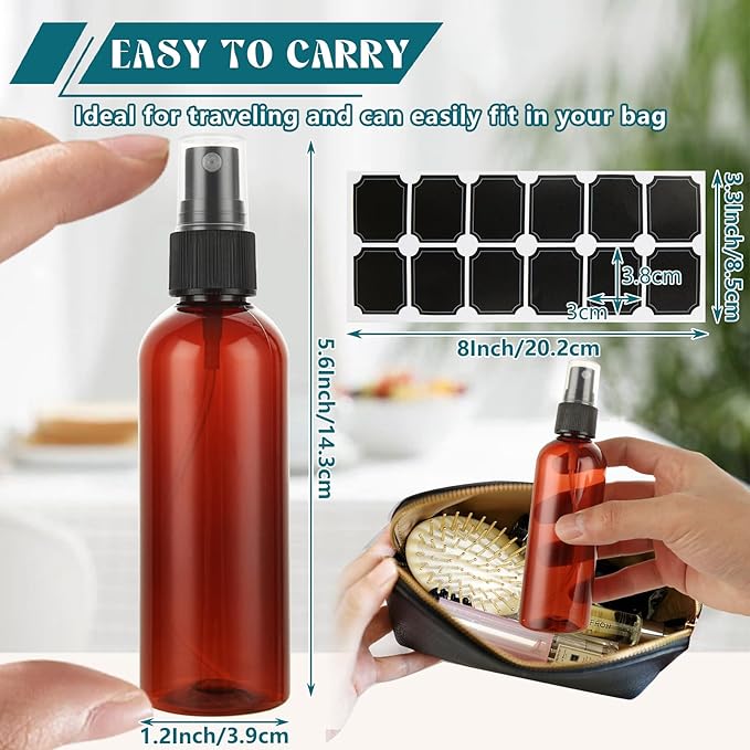 60Pcs 4oz Amber Plastic Spray Bottles, Small Empty Fine Mist Spray Bottle, Refillable Liquid Containers with Labels for Travel Perfume Essential Oil Skin Care Cleaning