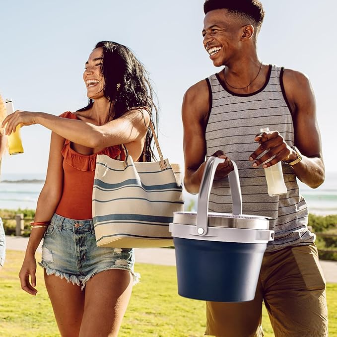 COKTIK 7L Insulated Ice Bucket with Lid，Double Wall Vacuum Stainless Steel Beverage Bucket Keeps Frozen Longer，Holds 6 Longnecks or 3 Bottles of Wine，for Cocktail, Champagne, Large Parties(Navy)