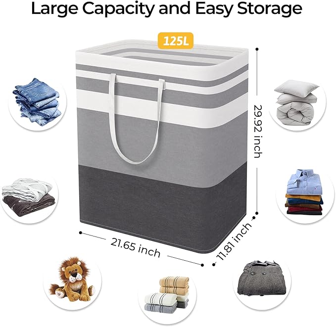 HomeHacks 3-Pack Large Laundry Basket, Waterproof, Freestanding Laundry Hamper, Collapsible Tall Clothes Hamper with Extended Handles for Clothes in The Dorm and Family-(Gradient Grey, 125L)