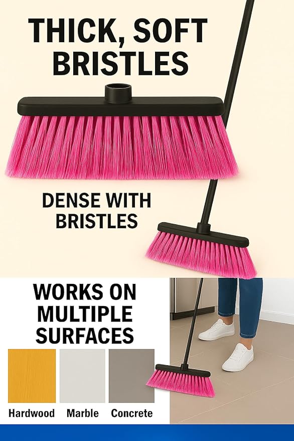 Healing Atlas ALMA Pink 14" Lightweight Push Broom Head – Soft Sweep Flagged Tips – Universal 7/8" Thread – Indoor Cleaning – Recycled PP (Pink, ALMA)