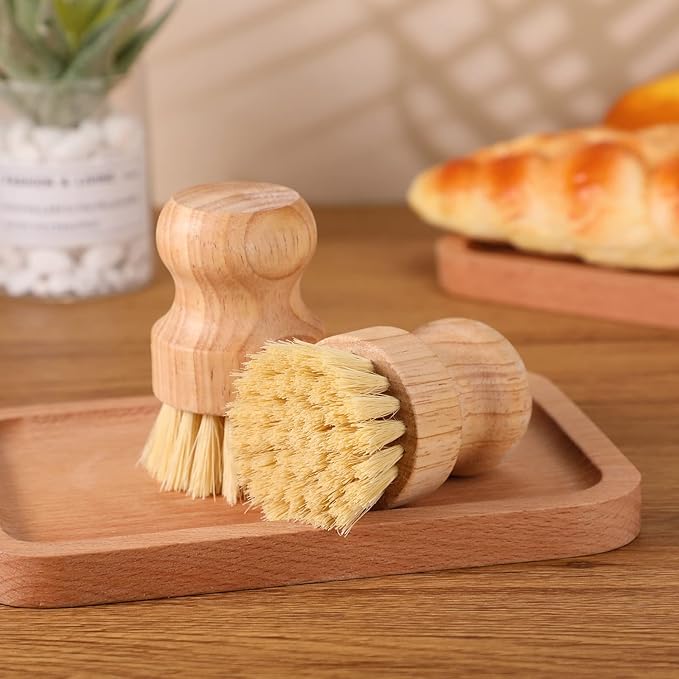 Nuenen 60 Packs Bamboo Dish Scrub Brushes Wooden Scrubbers Set Kitchen Dishwashing Scrubber with Natural Sisal Bristles for Iron Pot Pan Sink