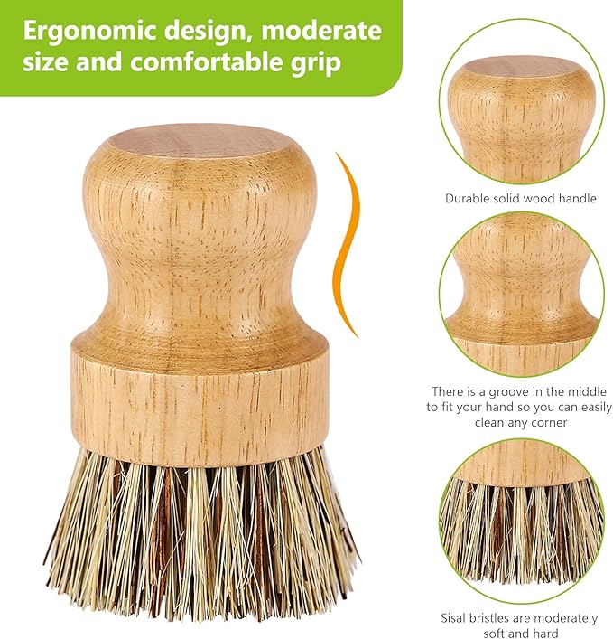 2er Pack Palm Pot Brush- Bamboo Round Mini Dish Brush Natural Scrub Brush Durable Scrubber Cleaning Kit with Union Fiber and Tampico Fiber for Cleaning Pots, Pans and Vegetables (A, L)