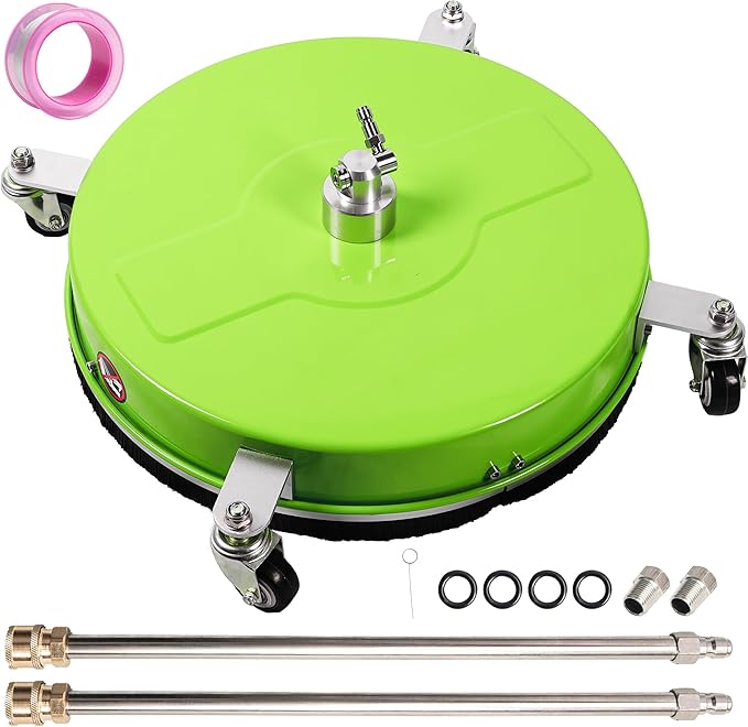 17" Pressure Washer Surface Cleaner with 4 Wheels, Coated Green Stainless Steel Power Washer Surface Cleaner for Driveway Sidewalk, 1/4" Quick Connector 2 Extension Wand, 4000 PSI