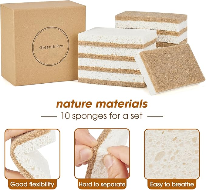 10 Pack Nature Dish Sponge - Natural Kitchen Sponge - Coconut Fiber and Wood Cellulose Scrubber Sponge