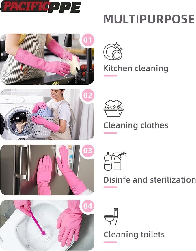 PACIFIC 2 Pairs Reusable Rubber Gloves for Washing Dishes and Cleaning Tasks, Water Resistant Household Gloves for Kitchen Bathroom, Grippy Latex Dish Washing, Pink, Large