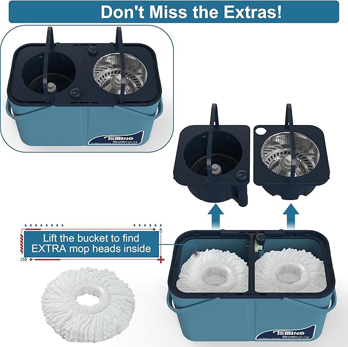 Spin Mop and Bucket System,Separates Dirty and Clean Water,4-Chamber Design,Mop and Bucket with Wringer Set,Wet & Dry Use,Best Home Floor Cleaning Tools with 8 Replacement Mop Heads,4X Wheel