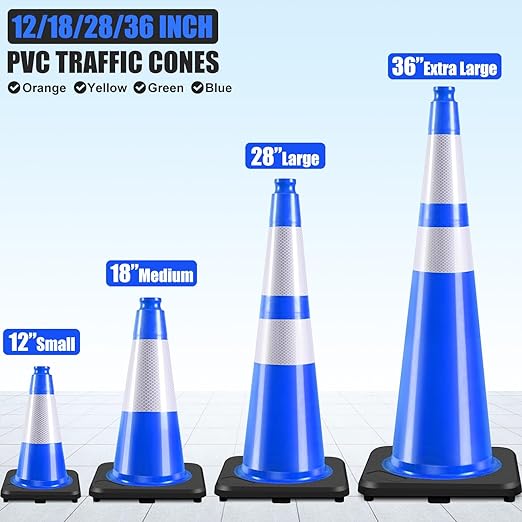 Fluorescent Orange/Green PVC Traffic Cones, Heavy Black Base Parking Lot Cone Structurally Stable Weatherproof Road Construction Safety Cones (8, Blue, 18" Medium)