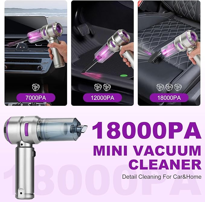 TianJQiS Handheld Car Vacuum Portable Cordless - 18000PA High Power with Brushless Motor, 4-in-1 Air Duster, Blower, Pump & Rechargeable Mini Vacuum for Car, Home, Office (Silver Grey+Purple)