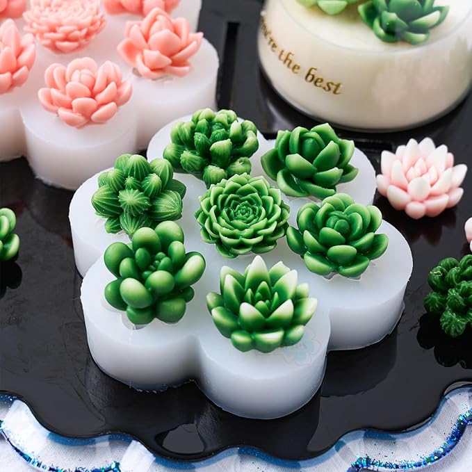 Succulent Candle Molds for Candle Making 7 Cavity 3D Succulents Silicone Wax Mold DIY Handmade Cactus Plant Flower Art Craft Mould Epoxy Resin Casting Soap Cement Concrete Ornament Moulds Home Decor