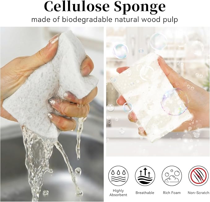 Mkobon 6 Pcs Kitchen Sponges for Dishes Cleaning, Non Scratch for Non Stick Cookware, Compressed Natural Cellulose Sponges, Dish Washing Scrubbers, Scrubbing Pads for Household, Bathroom (White)