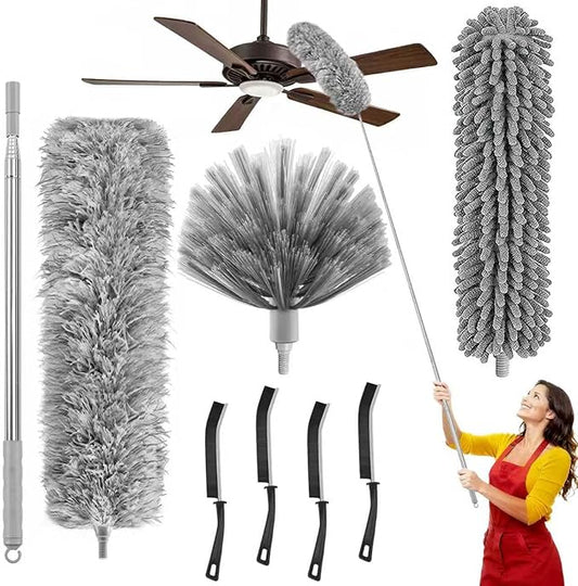 MimAuto 100-inch Duster with Extension Pole, 8-in-1 Cobweb Duster Kit Includes Chenille Head & Retractable Gap Cleaner, Spider Web Brush for High Ceiling, Fan, Car, and Home Cleaning