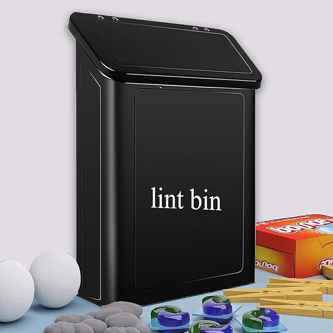 Magnetic Lint Bin with Lint Brush, two white hooks, one black back hook & all accessories for Laundry Room decor, Wall-Mounted Lint Bin with Lid, Black Powder Coated, Space-Saving Trash Can (Black)