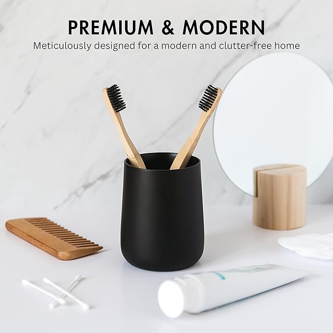 Yew Design Matte Black Toothbrush and Toothpaste Holder and Cup for Bathroom Vanity and Countertop, Round Organizer for Electric Toothbrushes, Floss, Razors, Cotton, and Mouthwash