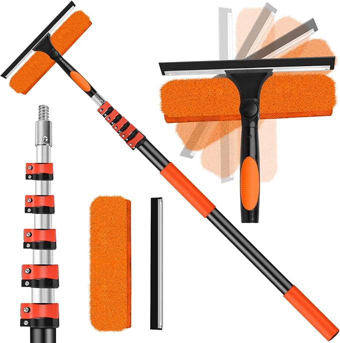 30FT High Window Cleaning Kit with Pole,2 in 1 Window Squeegee for Window Cleaning,5-24FT Professional Window Clean Pole Kit Include Replacement,180°Rotatable Squeegee for Indoor/Outdoor High Windows