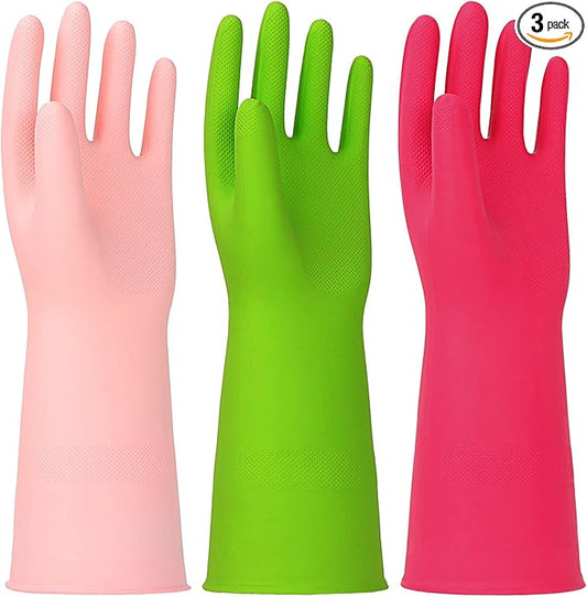 3 Pairs Rubber Cleaning Gloves Latex Free Dishwashing Gloves - 13" Reusable Nitrile Gloves Medium, Green+Pink+Red