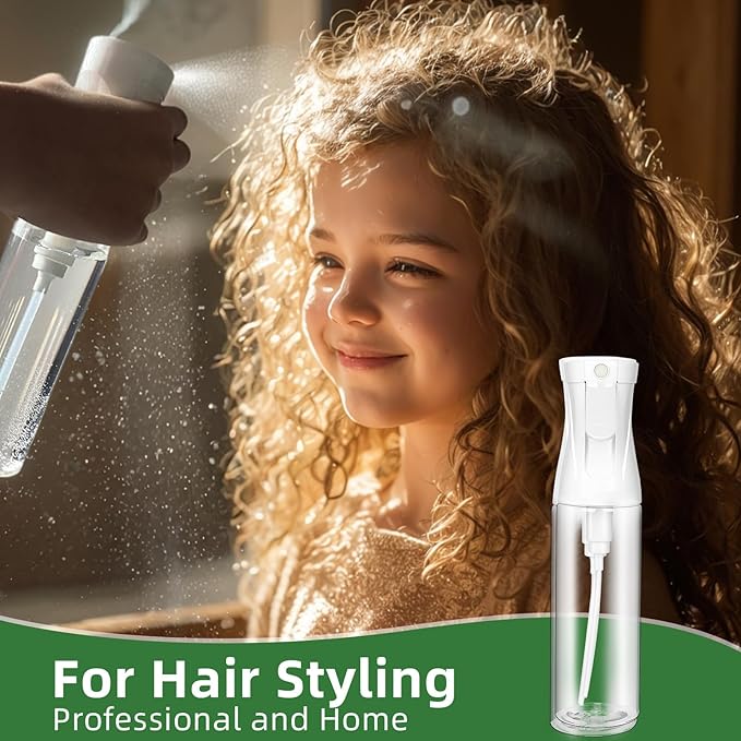 Continuous Spray Bottle – Patented Superior Ultra-Fine Mist Sprayer for Hair Styling, Plants & Cleaning, Durable 360° Leak-Proof BPA-Free Refillable Mister, White 300 ml / 10 oz