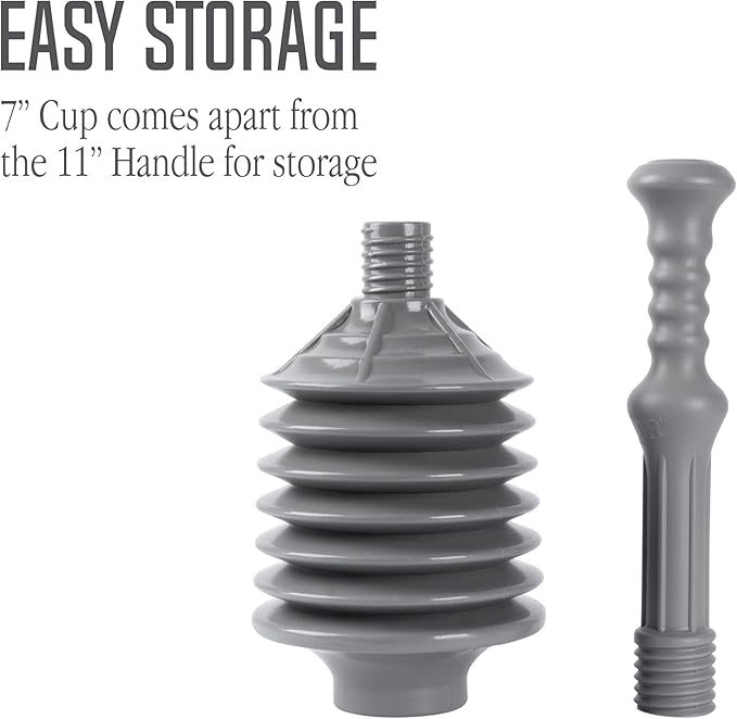 JS Jackson Supplies Professional Bellows Accordion Toilet Plunger, High Pressure Thrust Plunge Removes Heavy Duty Clogs from Clogged Bathroom Toilets, All Purpose Power Plungers for Bathrooms, Grey