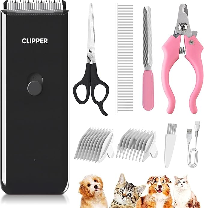 Founouly Black Dog Cat Clippers, Home Professional Cordless Cat Grooming Tools for Dog Thick Coat Clippers, Low Noise Pet Hair Trimmer Kits with 9-Pieces