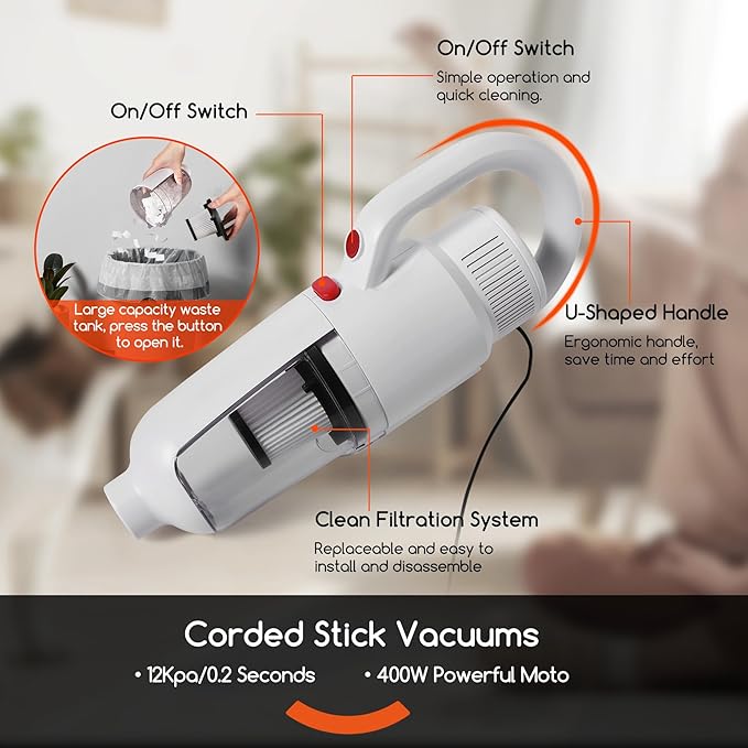 REECOO Lightweight Stick Vacuum Cleaner, Unique Vacuum and Mop Combo - 3 Dust Filters/Microfiber Pads,Corded Stick Vacuums & Electric Brooms - 400W 12Kpa Suction for Kitchen, Bedroom, Living Room