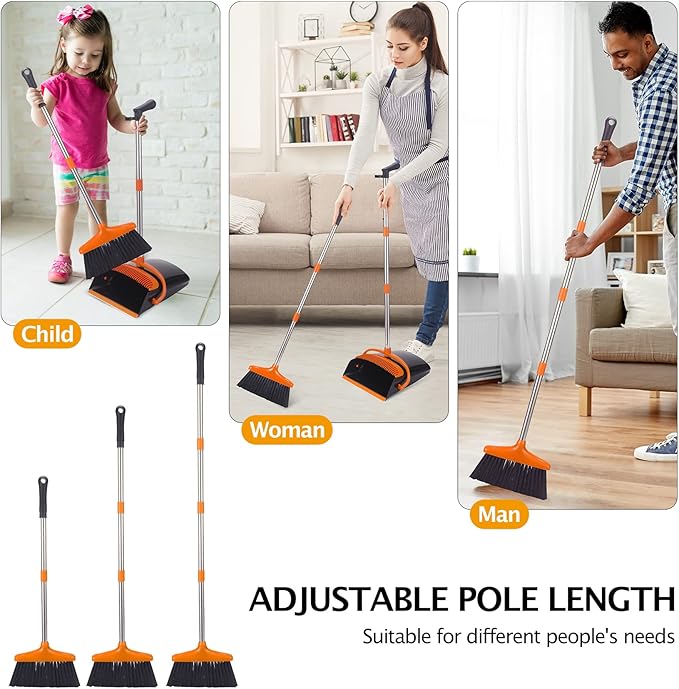 XXFLOWER Broom and Dustpan Set with Long Handle, Light Weight Stainless Steel Poles Stand Upright Dustpans with Broom Combo for Home Kitchen Office Pet Dog Hair, Black & Orange Color, 1-Pack