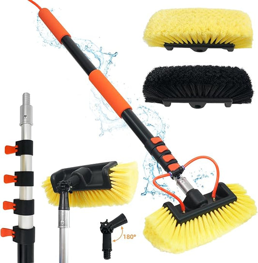 TOWBRUS 12FT/144inch Car Wash Brush with Long Handle Water Fed Telescopic Pole with Angle Adapter 12" Soft and Hard Bristle Cleaning Tool for Car Truck RV House Floor Window Glass Roof Pool