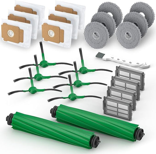 CleanSync Replacement Parts for iRobot Roomba Plus 405/505 Combo Robot Vacuum and Mop,25 Pcs Accessories Kit:2 Main Brushes,6 Dust Bags,4 Filters,6 Mop Pads,6 Side Brushes,1 Cleaning Brush(25)