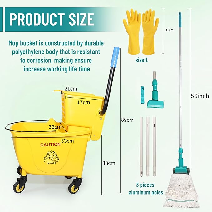 Wajeehaa Press Wringer Combo Commercial Rectangular Mop Bucket on Wheels, 35-Quart, Yellow,Add One Commercial Mop and One Set Rubber Gloves