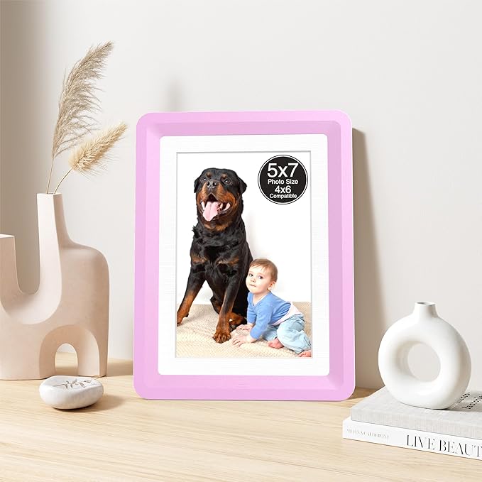 6-Pack 5x7 Picture Frame or 4x6 with Mat – Shatterproof Plastic Picture Frames for Family, Nursery & Playroom, Wall & Tabletop Frame for Home or Office, Safe Lightweight Design, Dreamy Pink
