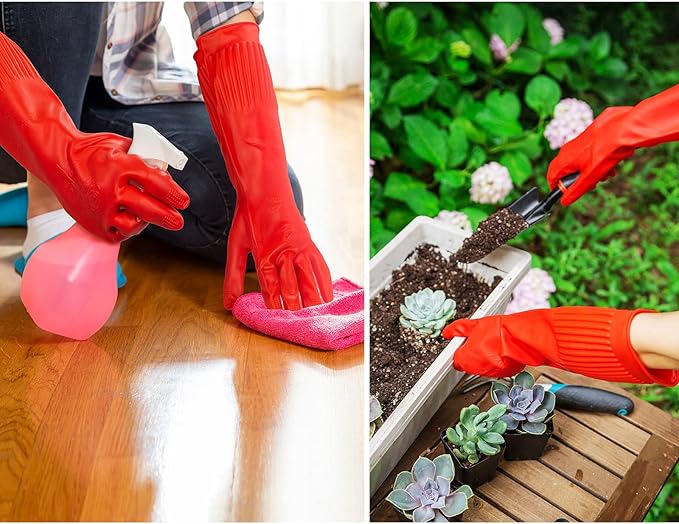 Vgo... 10-Pairs Dishwashing Gloves, Reusable Household Gloves, Long Sleeve, Thick Latex, Cleaning, Washing, Working, Painting, Gardening, Pet Care (Size L, Red, RB2143)